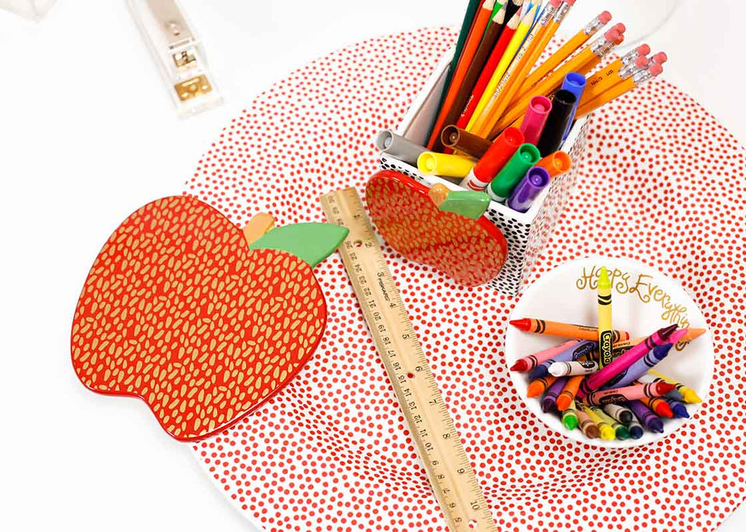 Organizing School Supplies with Apple Gold Big Attachment on Round Platter and Mini Attachment on Nesting Cube