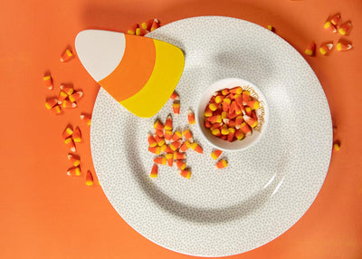 Candy Corn Big Attachment on Stone Small Dot Big Entertaining Round Platter with a Bowl of Candy