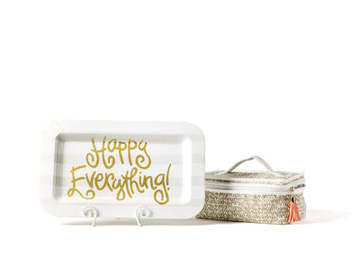 White Stripe Design Gold Writing Happy Everything! Mini Rectangle Serving Platter with Plate Stand and Attachment Bag
