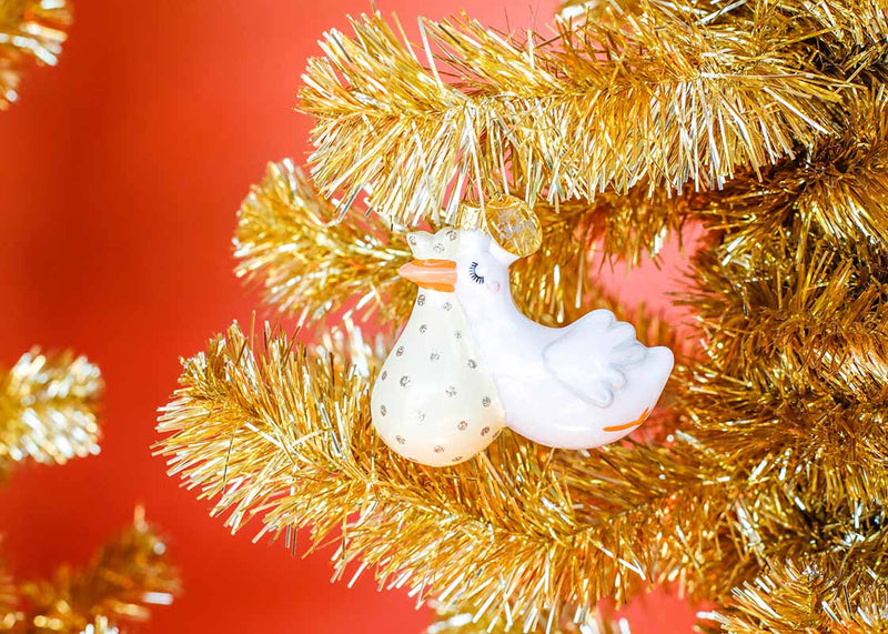 Stork Shaped Ornament on Gold Tinsel Tree