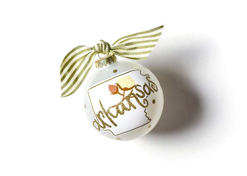 Glass Ornament with Arkansas Motif and Gold Striped Ribbon