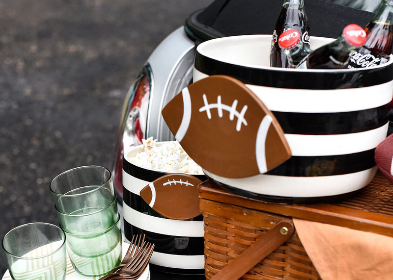 Tailgate Party Serveware Including Black Stripe Mini Happy Everything! Bowl with Sports Attachment