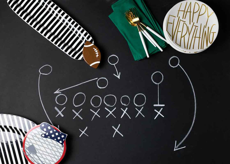 Football Motif with Coordinating Decor Including Football Mini Attachment on Black Stripe Skinny Oval Platter