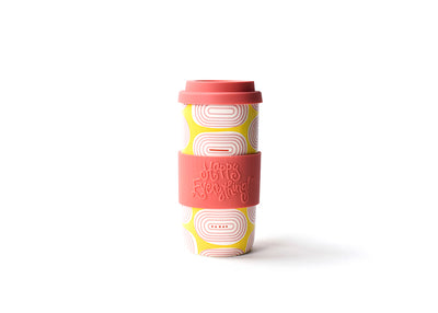 Fast Track Ceramic Travel Mug with Pink and White Design, Coral Accents