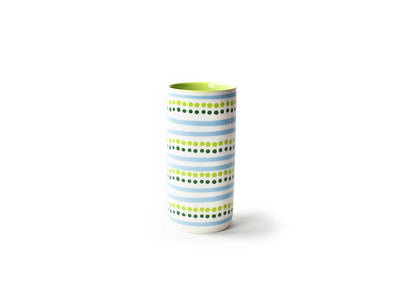 Ceramic Travel Mug with Light Blue Stripes and Green and Black Dots
