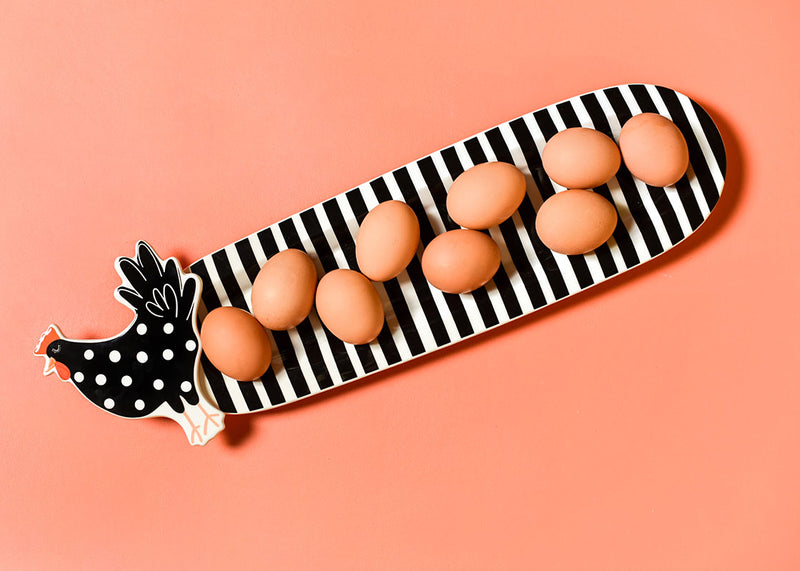 Chicken Attachment on Black Stripe Mini Skinny Serving Platter with Eggs