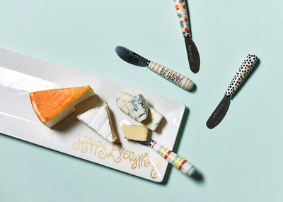 White Rectangle Tray with Subtle Circle Design Paired with Happy Everything! Appetizer Spreaders