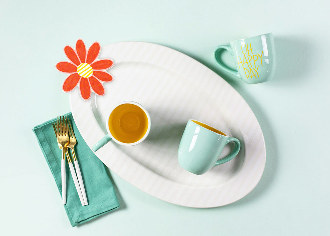 Oh Happy Day Drinkware with Oval Serving Platter White Stripe Design