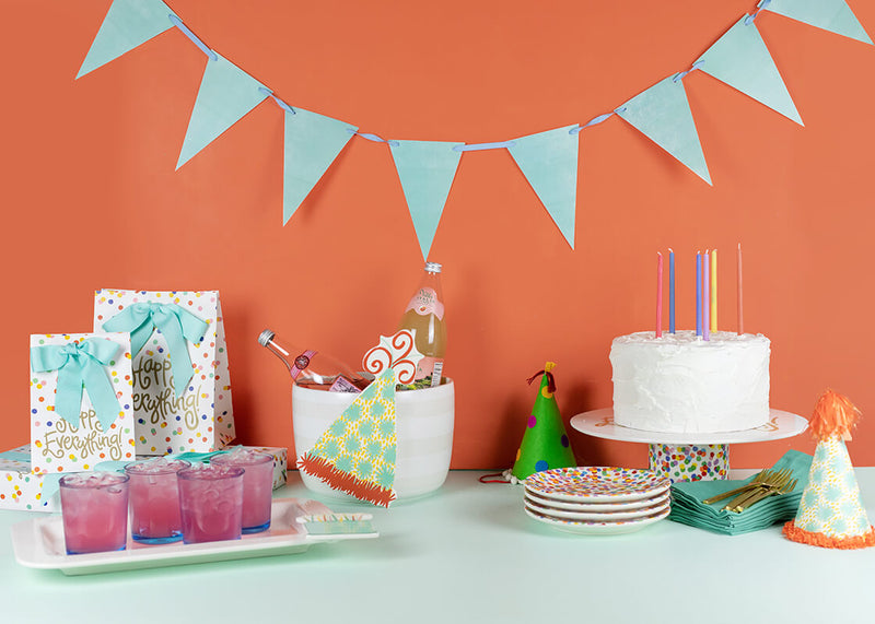 Plates on Birthday Tablescape with Happy Everything! Toss Colorful Dots Design