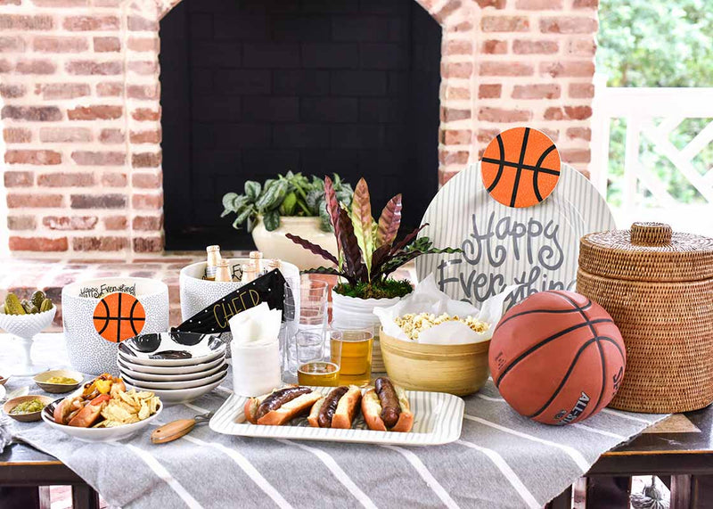 Basketball-themed Table Set with Happy Everything! Decor Including Basketball Big Attachment on Stone Skinny Stripe Big Square Platter