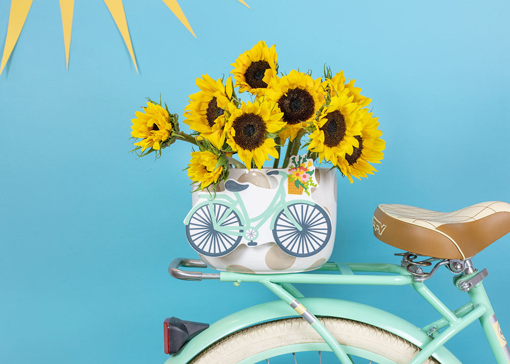 Neutral Dot Big Happy Everything! Bowl with Bicylce Big Attachment Filled with Sunflowers