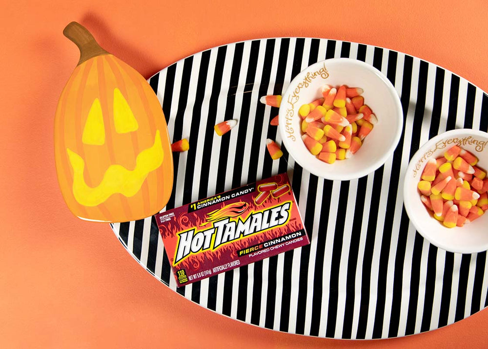 Carved Big Attachment on Black Stripe Big Entertaining Oval Platter with Halloween Candy