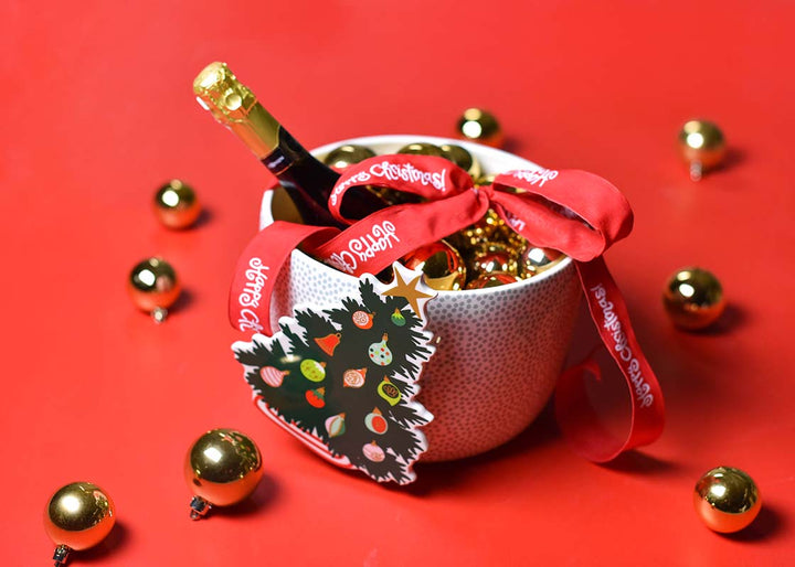 Stone Small Dot Big Bowl with Big Attachment Christmas Tree Design Filled with Gold Ornaments