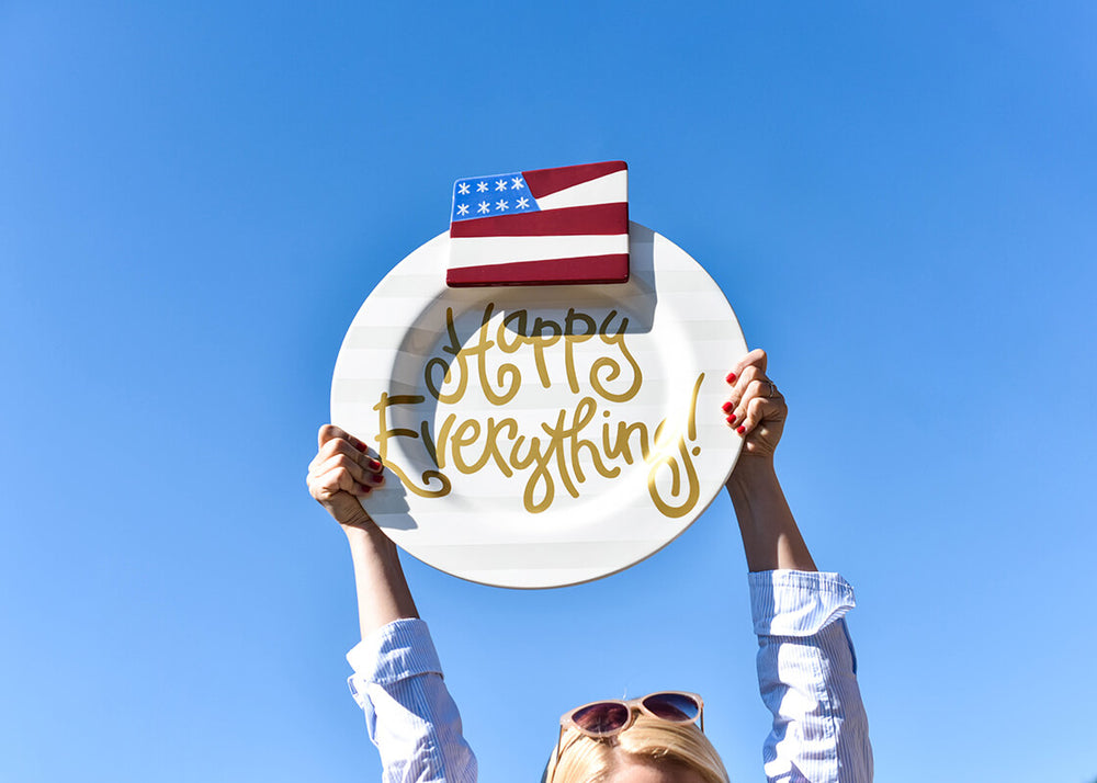 Flag Big Attachment on White Stripe Big Happy Everything! Round Platter
