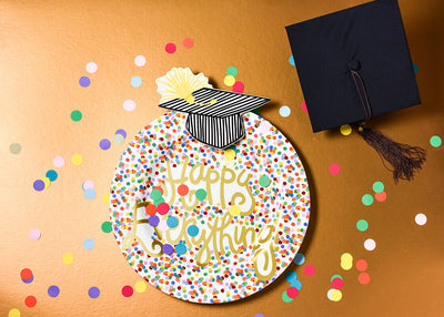 Celebrating Graduation with Striped Graduation Cap Big Attachment on Happy Dot Big Platter