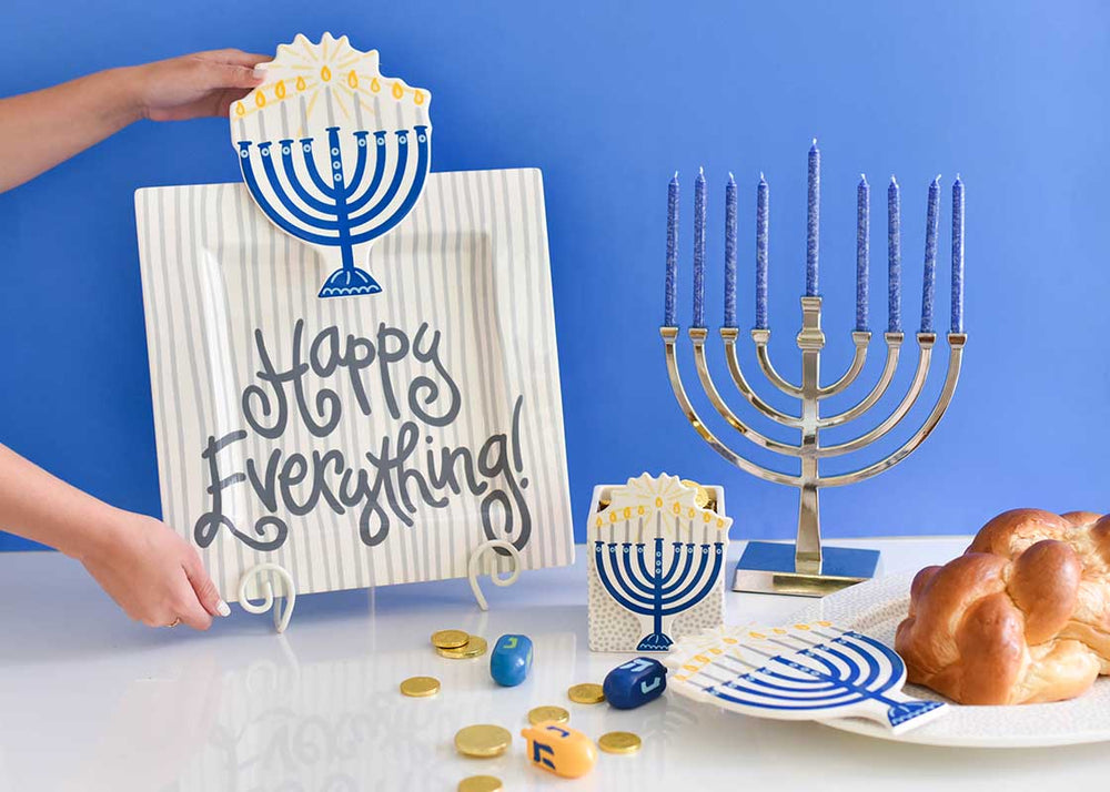 Hanukkah Decor with Stone Skinny Stripe Big Happy Everything! Square Platter and Blue Menorah Big Attachment