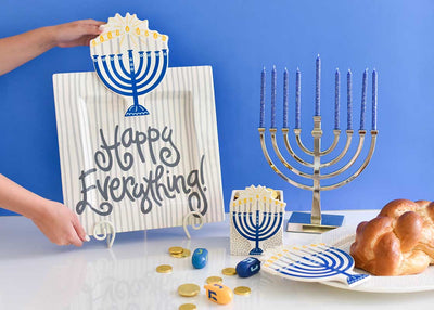 Hanukkah Decor with Stone Skinny Stripe Big Happy Everything! Square Platter and Blue Menorah Big Attachment