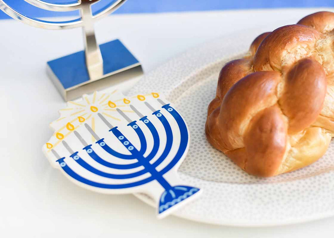 Blue Menorah Big Attachment on Stone Small Dot Big Oval Platter