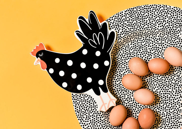 Black Small Dot Big Round Platter with Big Attachment Polka Dot Chicken Design
