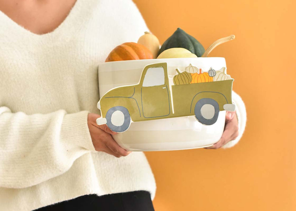 White Stripe Big Bowl with Pumpkin Truck Big Attachment
