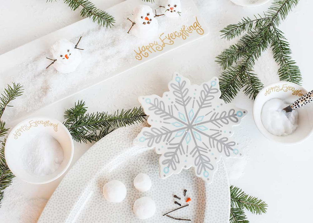Holiday Tablescape with Snowflake Big Attachment on Stone Small Dot Oval Serving Platter