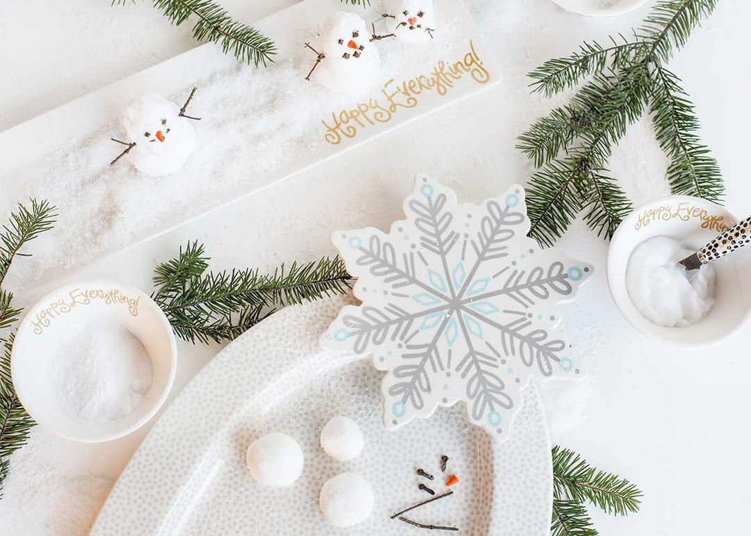 Holiday Tablescape with Snowflake Big Attachment on Stone Small Dot Oval Serving Platter