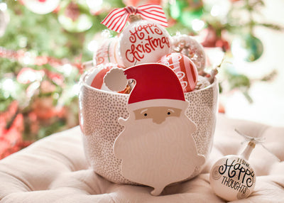 Ho Ho Santa Big Attachment on Stone Small Dot Big Happy Everything! Bowl Filled with Holiday Ornaments