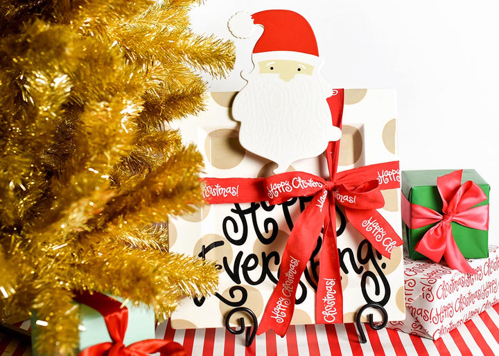 Neutral Dot Big Rectangle Platter with Ho Ho Santa Big Attachment Wrapped as Present Under Gold Tinsel Tree
