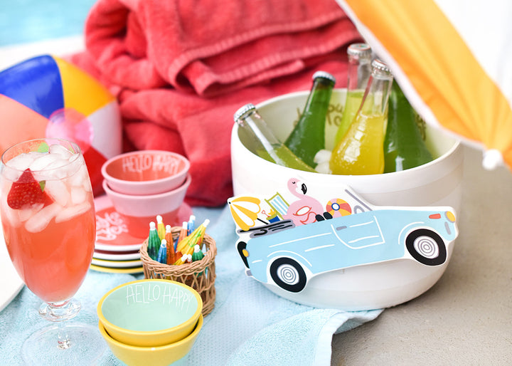 Party Tablescape with White Stripe Big Bowl Embellished with Summer Car Big Attachment