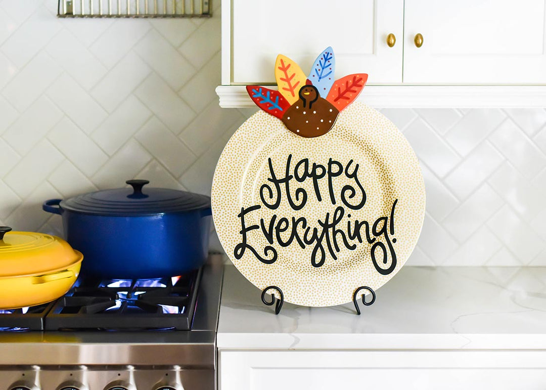 Big Attachment Turkey Design on Gold Dot Big Happy Everything! Round Platter on Plate Stand