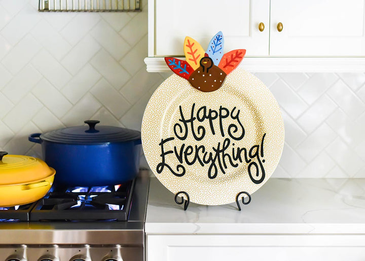 Big Attachment Turkey Design on Gold Dot Big Happy Everything! Round Platter on Plate Stand