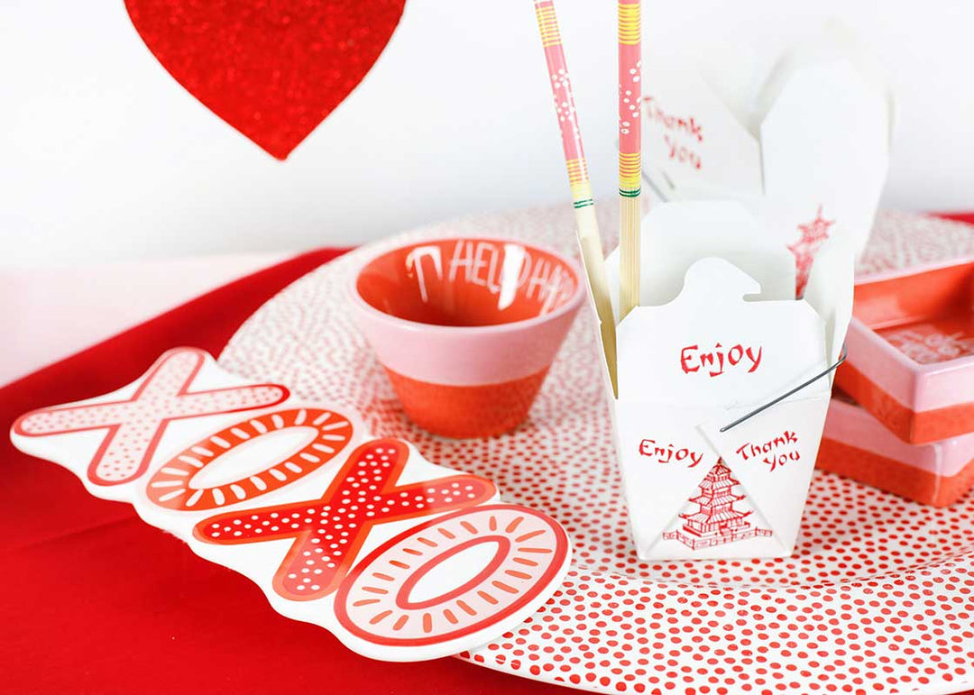 Date Night Dinner with XOXO Big Attachment on Red Small Dot Big Round Serving Platter