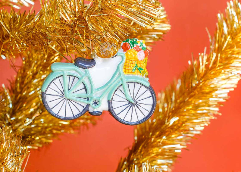 Bicycle Shaped Ornament on Gold Tinsel Tree