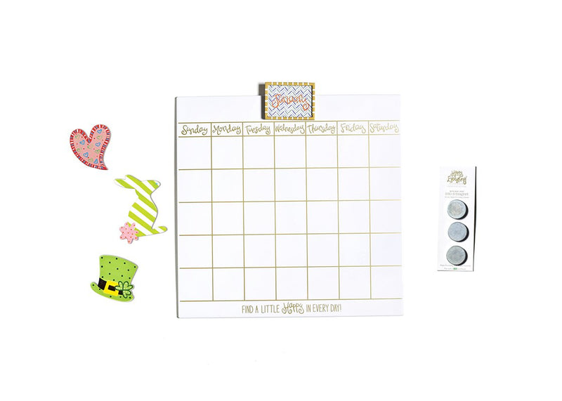 Happy Everything! Magnetic Dry Erase 18” Wall Calendar with Gold Frame Attachment, Velcro Backed Converter Magnets, and Mini Attachments.