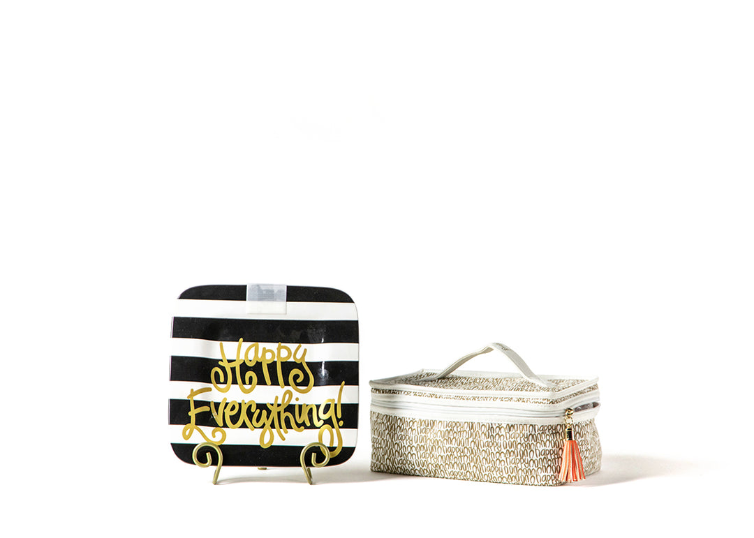 Mini Square Serving Platter in Black Stripe Design with Plate aStand and Attachment Bag