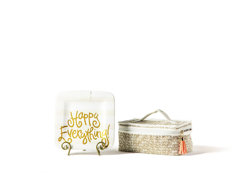 Mini Square Serving Platter Gold Writing Happy Everything! White Stripe Design with Plate Stand and Attachment Bag