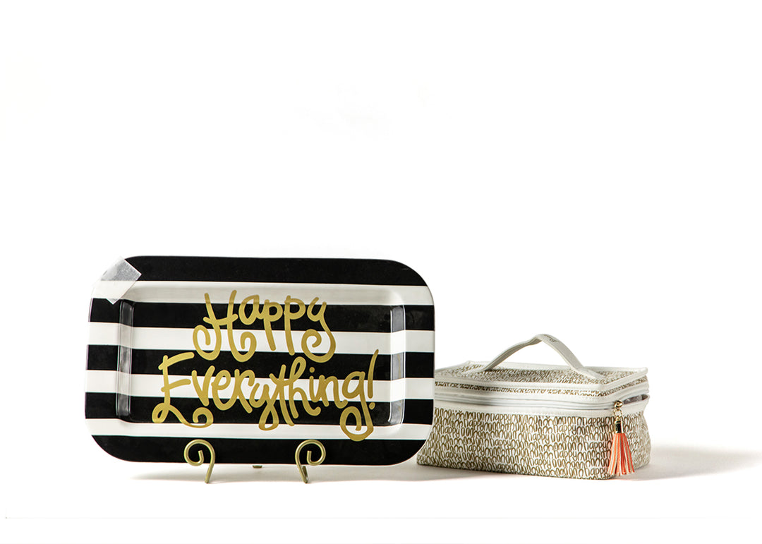 Mini Happy Everything! Rectangle Seerving Platter in Black Stripe Design with Plate Stand and Attachment Bag