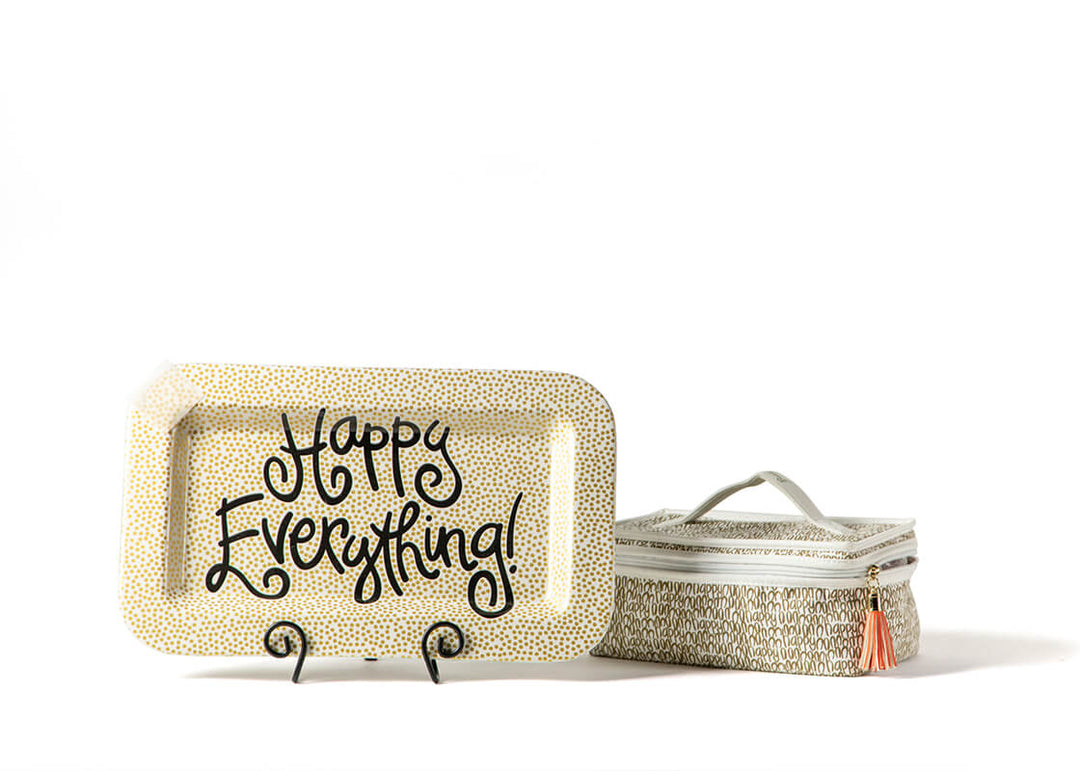 Gold Small Dot Mini Rectangle Serving Platter Black Writing Happy Everything! with Plate Stand and Attachment Bag