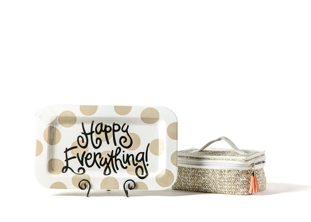 Mini Happy Everything! Rectangle Serving Platter in Neutral Dot Design with Hook-and-Loop Attachment, Plate Stand, and Attachment Bag