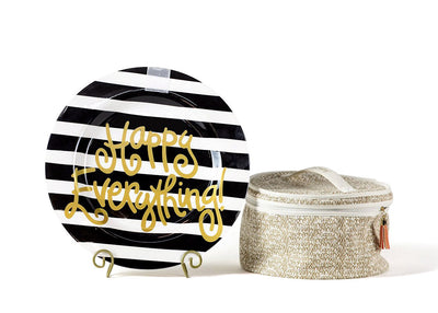 Big Round Serving Platter Black Stripe Design Gold Writing Happy Everything! with Plate Stand and Attachment Bag
