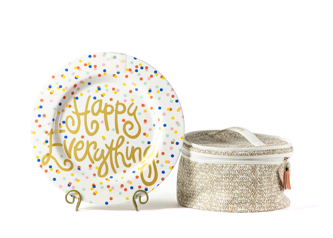 Big Round Serving Platter Happy Dot Design Gold Writing Happy Everything! Plate Stand and Attachment Bag