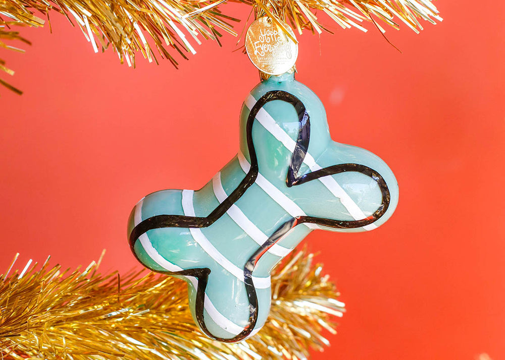 Happy Everything! Bone Shaped Ornament on Gold Tinsel Tree