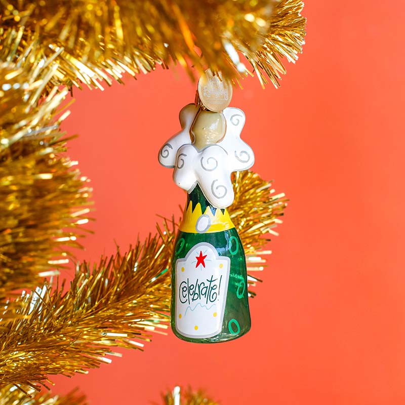 Shaped Ornament Champagne Design on Gold Tinsel Tree