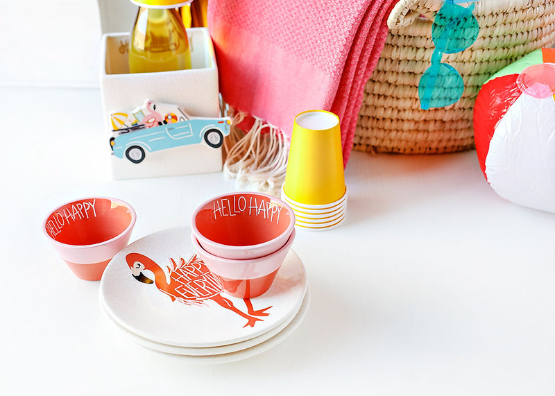 Beach-themed Tablescape with Pink Flamingo Tableware and Coordinating Serveware