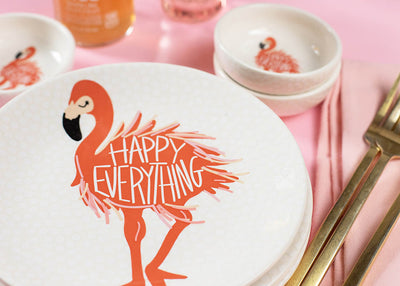 White Dot Tableware with Pink Flamingo Design