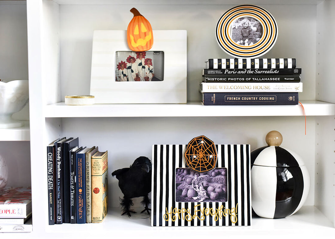 White Stripe Mini Frame with Halloween Attachments as Home Decor