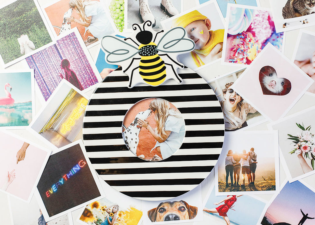 Happy Decor Mini Round Frame Black Medium Stripe Design with Bee Attachment