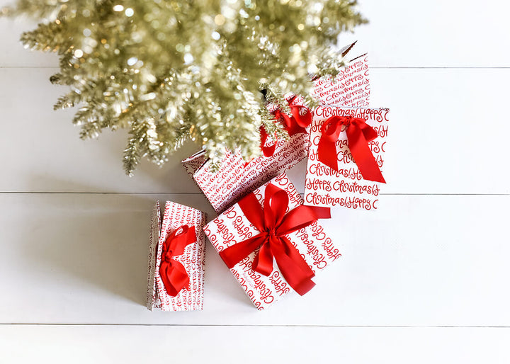 Medium Happy Christmas Gift Bag with Presents Under Gold Tinsel Tree