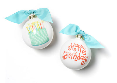 White Happy Birthday Ornament with Teal Bow