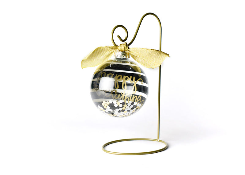 Glass Globe Ornament Gold Writing Happy Everything! on Ornament Stand